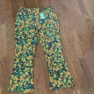 Cute Faux Belt 12 Blue Stretch Floral Side Zipper Flared Leg Pants